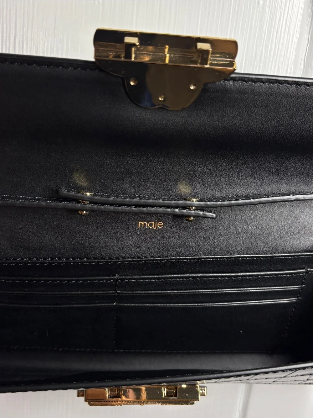 Maje Crocodile-Embossed Leather Bag Clutch Black Gold Clover Clasp Baguette
